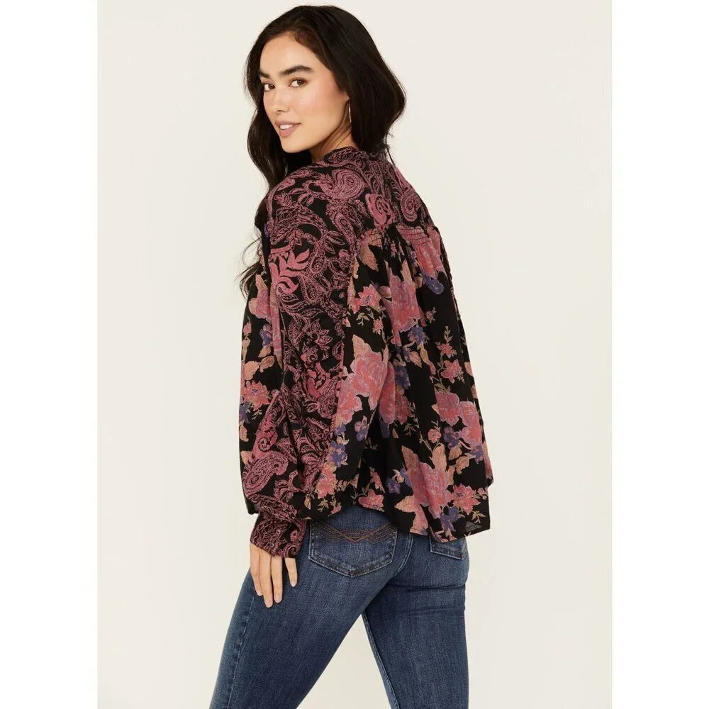 Free People Maraya Button Top in Black Combo XSmall New Womens Blouse